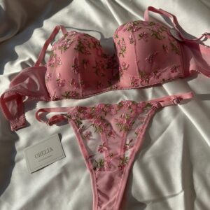 Pembe Çiçek Nakışlı İç Çamaşırı Takımı - Görsel 5